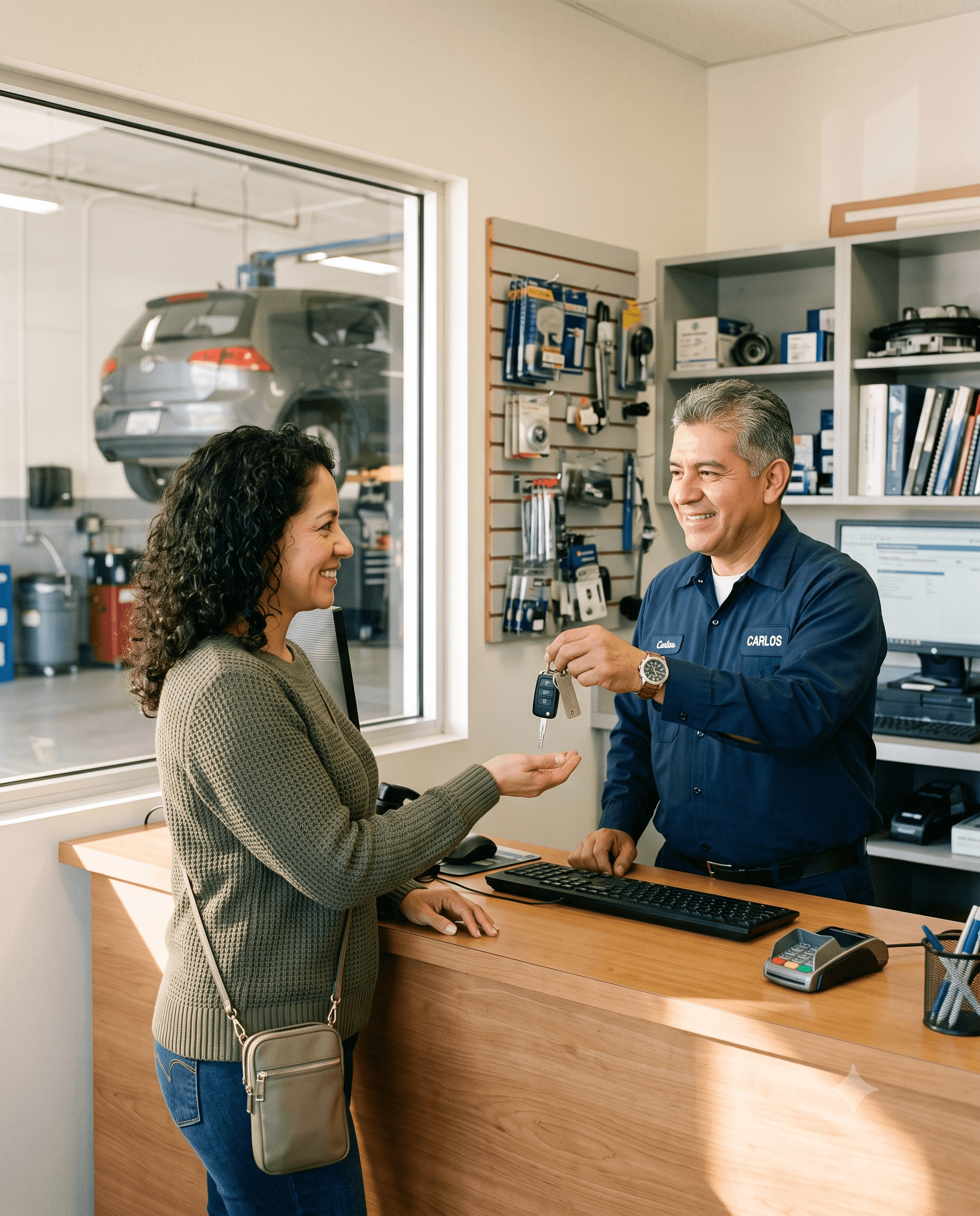Cliente recibiendo su auto en un taller certificado